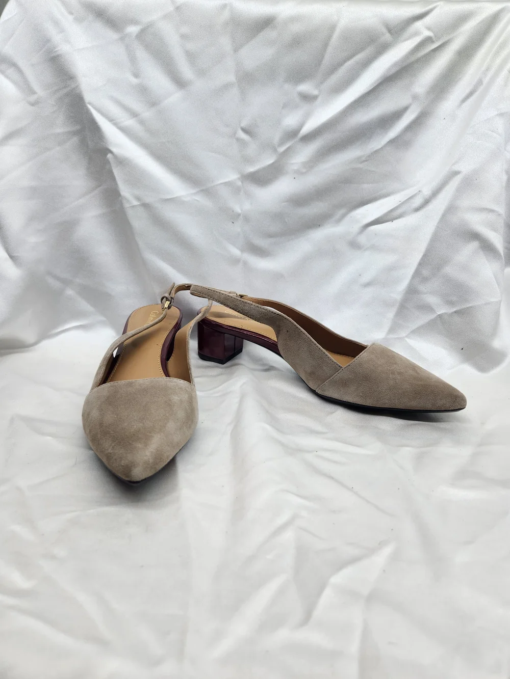 Calvin Klein Taupe Suede Pointed Slingback Kitten Heel